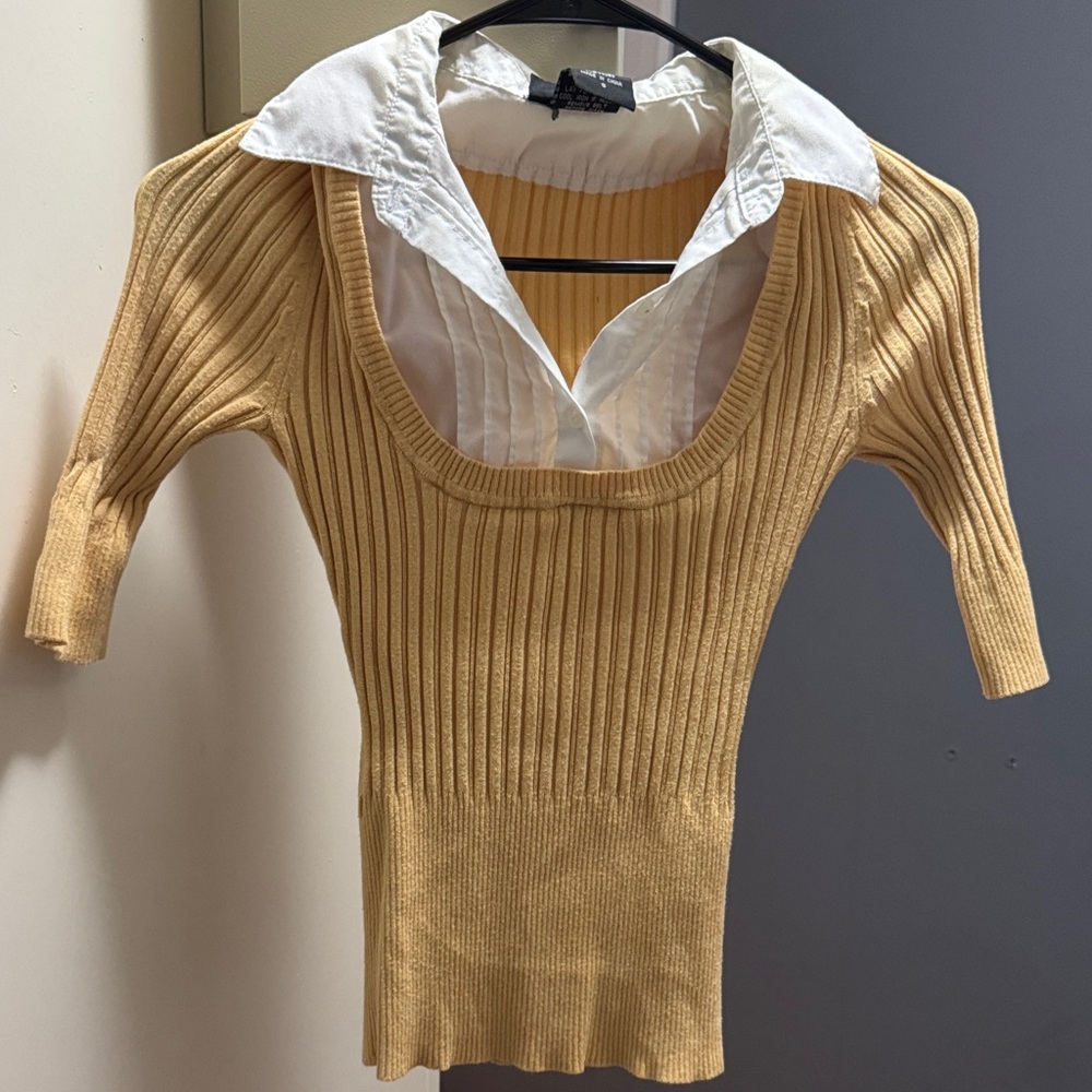 It's Our Time Yellow Knit Top Layered with White Trim Button Up Quarter